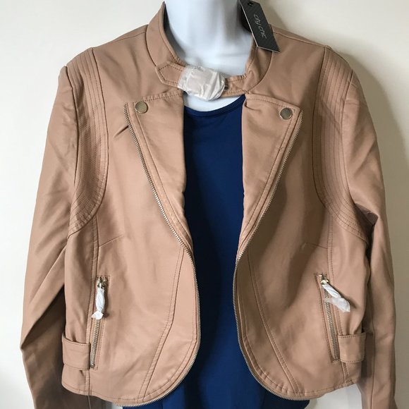 City Chic Faux Leather Crop Biker Jacket Taupe Plus Size - Picture 2 of 13